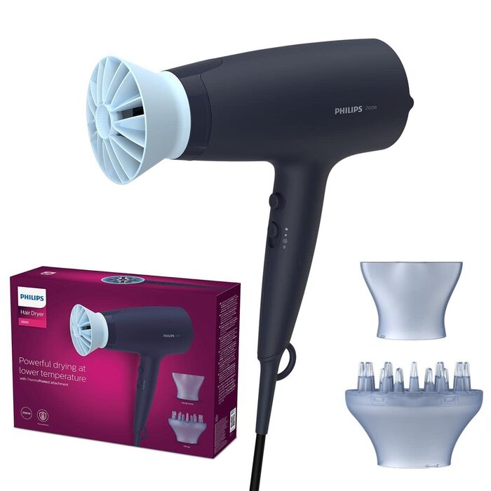 Фен для волосся Philips Series 3000 BHD360/20 з функцією іонізації, ThermoProtect, 2100 Вт, чорний (дифузор для об'єму в комплекті)