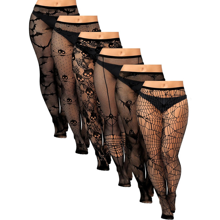 Чулки сітчасті жіночі великих розмірів Jadive 6 пар, 6 шт. Чорні, з черепом, з стріжками, XL-XXXXL