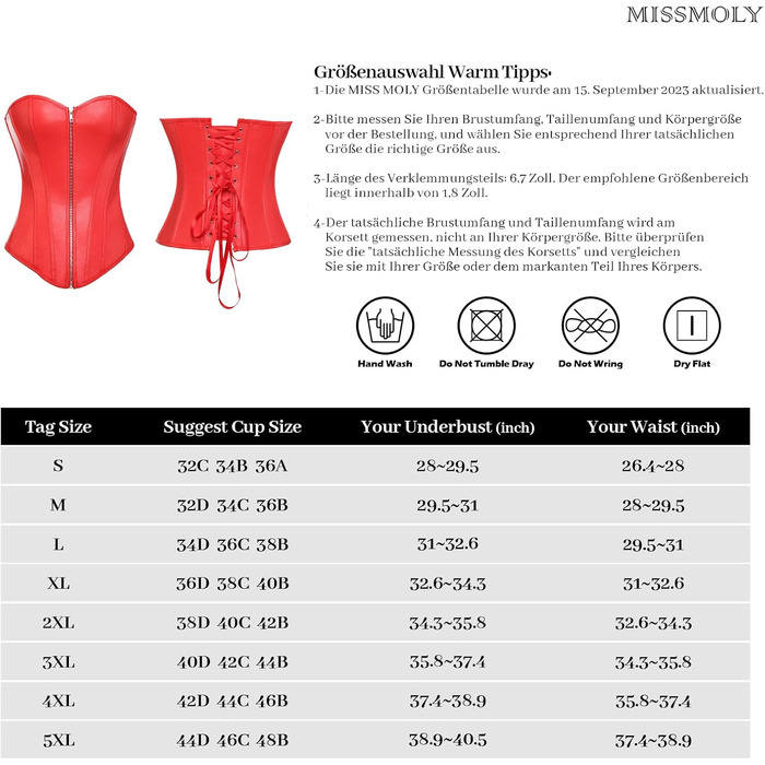 MISS MOLY Корсаж з повним бюстом, вінтажний, з штучної шкіри, стильний, корсет, на блискавку/застібку, з G-String (4XL, Червоний)