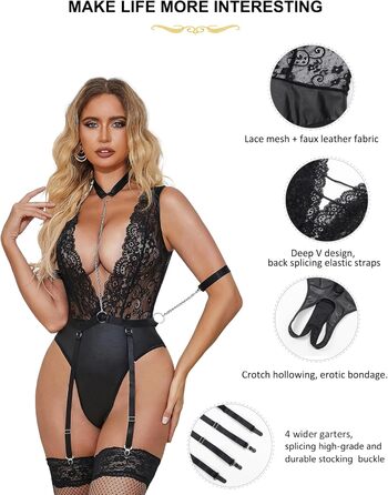Жіночий комплект спідньої білизни Sunshinelady з мережива, глибокий V-подібний виріз, тедді, штучна шкіра, відкритий промеж, боді з мереживними шкарпетками та ланцюжком, розмір 32-46, чорний, 16-18