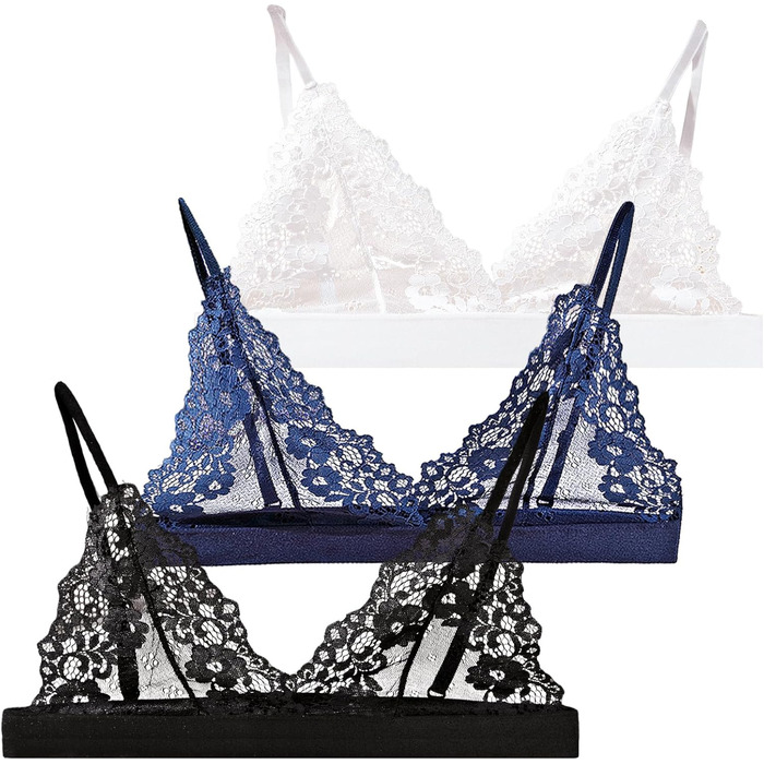 Жіноча білизна: 3 шт. мереживних бюстгальтерів без кісточок, сексуальних балконетів та push-up бюстгальтерів S-L (білий, чорний, синій)