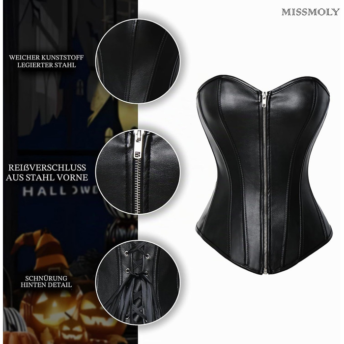 Жіночий корсет MISS MOLY Vintage з екошкіри в стилі ретро, чорний, розмір 5XL (комплект з G-стрингами)