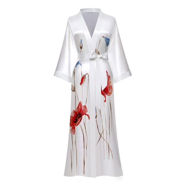 Халат жіночий атласний максі довгий, шовковий кімоно, сукня з квітковим принтом, легкий халат, літня роба, піжама для дівчат, вечірній халат, універсальний розмір, білий