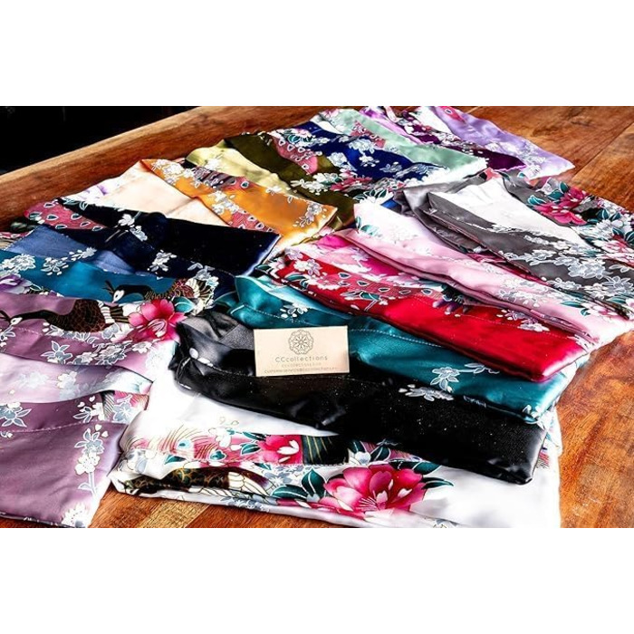 CCcollections Халат жіночий кімоно з легкого атласу з принтом павича, V-подібний виріз та 3/4 рукав (універсальний розмір, помаранчевий)