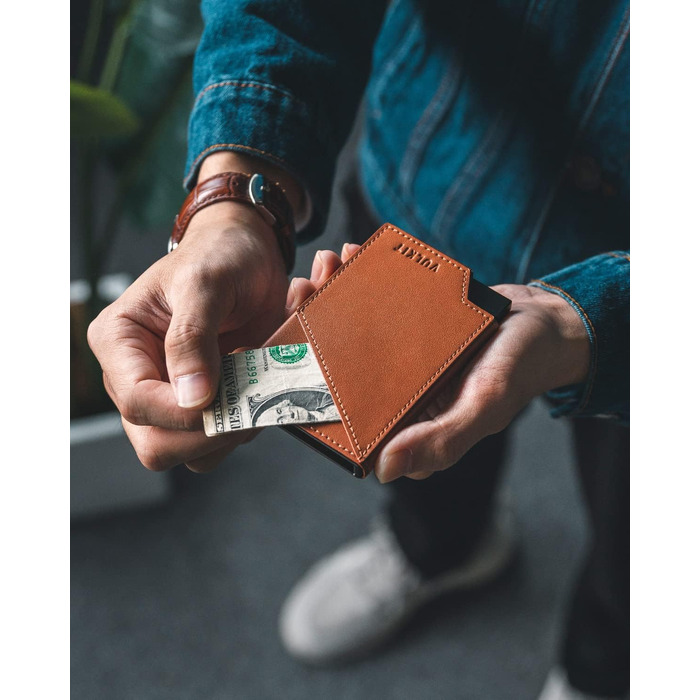 Чоловічий гаманець-картхолдер VULKIT з RFID-захистом, сліма металевий портмоне з висувним механізмом для карток, купюр та монет, коричневий
