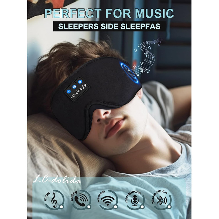 Маска для сну з Bluetooth-навушниками LC-dolida V5.4, 3D дихаюча бавовняна маска для очей з мікрофоном, миюча, для подорожей, йоги та медитації, чорна