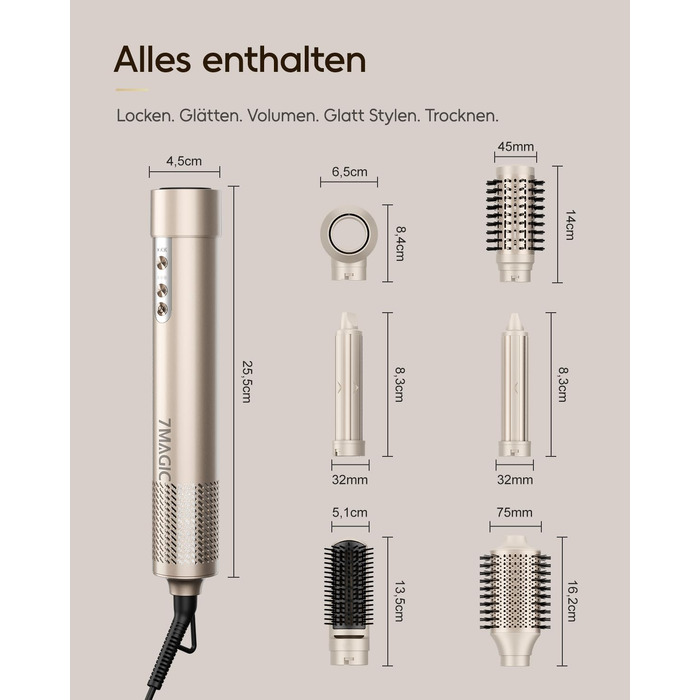 Мультистайлер 6 в 1 7MAGIC Airstyler: іонний фен, автоматичний стайлер для локонів та щітка для вирівнювання волосся, ефект Коанда, колір Champagne Gold