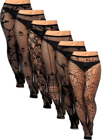 Чулки сітчасті жіночі великих розмірів Jadive 6 пар, 6 шт. Чорні, з черепом, з стріжками, XL-XXXXL