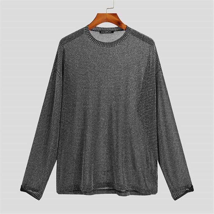 Чоловіча сітчаста футболка з довгим рукавом, прозора, сексуальний стиль, streetwear, для вечірок та клубів, срібна, 3XL