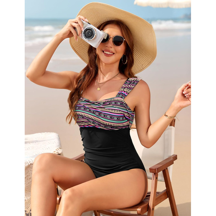Світшот Badeanzug Damen Einteiige Bauchweg Bademode Push Up Swimsuit Vintage Raffung One Piece Große Größe Schwimmanzug Tummy Contro Schankheits Strandmode (Bunte Drucke, S)