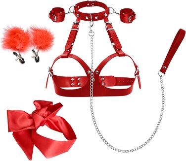 Набір BDSM 6-в-1: наручники, шлея для тіла, чіп, батіг, маска для очей, мотузки для фіксації. Для пар. Червоний колір.