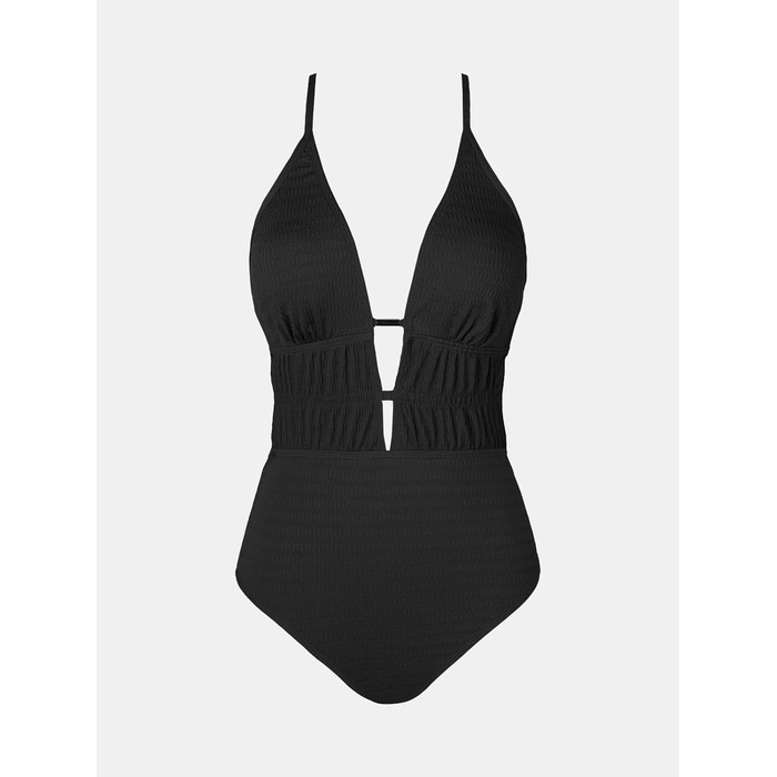 Чоловічий купальник CUPSHE з глибоким V-подібним вирізом, на зав'язках, з текстурою, одноцільний, чорний