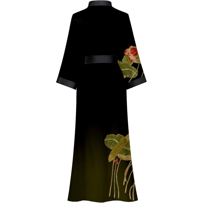 Жіночий халат з довгим рукавом з шовку та атласу, халат-кімоно з квітковим принтом, універсальний розмір (чорний, зелений з квітковим принтом)