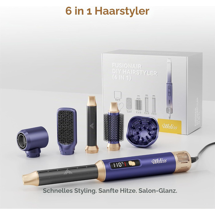 Мультистайлер для волосся 6 в 1 UKLISS Air Styler Set з дифузором, LCD-дисплеєм та насадами для завивки, сушіння та вирівнювання, 1000 Вт, Gold Blue
