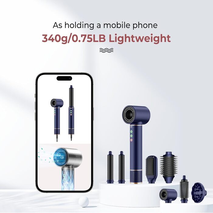 Мультистайлер для волосся 6 в 1 MogaWave Hairstyler Pro Airbrush: стайлер з феном, круглою щіткою для об'єму, вирівнювачем та насадками для завивки (Синій)