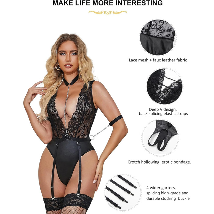 Жіночий комплект спідньої білизни Sunshinelady з мережива, глибокий V-подібний виріз, тедді, штучна шкіра, відкритий промеж, боді з мереживними шкарпетками та ланцюжком, розмір 32-46, чорний, 16-18