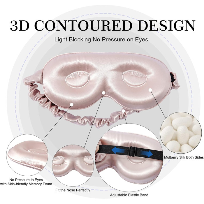 Маска для сну ZIMASILK 3D з натурального шовку тутовниці (22 мм), регульована маска з ефектом нульового тиску для довгих вій та нарощених вій, колір: Rose