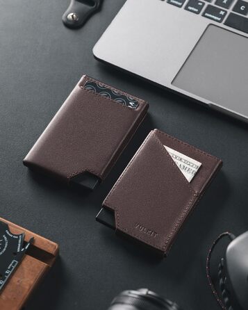 Чоловічий гаманець-картхолдер VULKIT з RFID-захистом та Pop-up механізмом, металевий кейс для карток та відділення для купюр і монет (натуральна шкіра, Espresso)