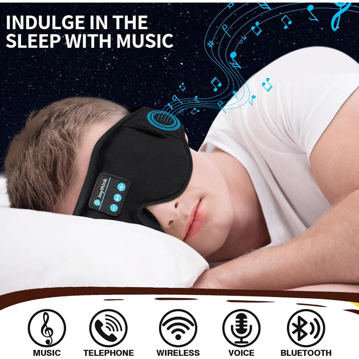 Маска для сну з Bluetooth-навушниками Joythink 5.3, шовкова музична маска для сну та медитації, підходить для сну на боці, 16 год роботи акумулятора, миюча маска для подорожей та відпочинку (чорна)