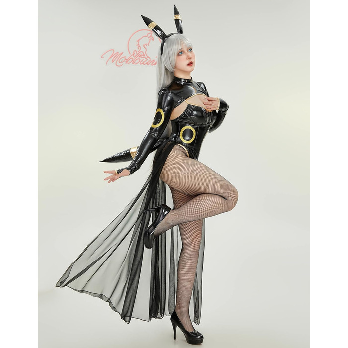 Костюм для косплею Mobbunny: чорний боді з PU-шкіри, фігурна спідниця з шифону, пов'язка, великий хвіст