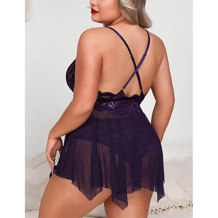 Aranmei: Нічна сорочка боді для жінок великих розмірів, мереживний топ-боді (фіолетовий, L)