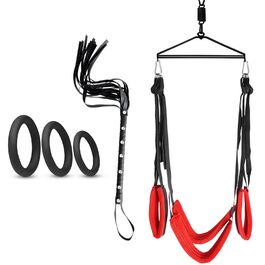 Любовне крісло-гойдалка BDSM Deluxe для дорослих, червоне: комплект з кріпленням до стелі, 4 широкі подушки, 3 пенісні кільця, батог, витримує до 150 кг
