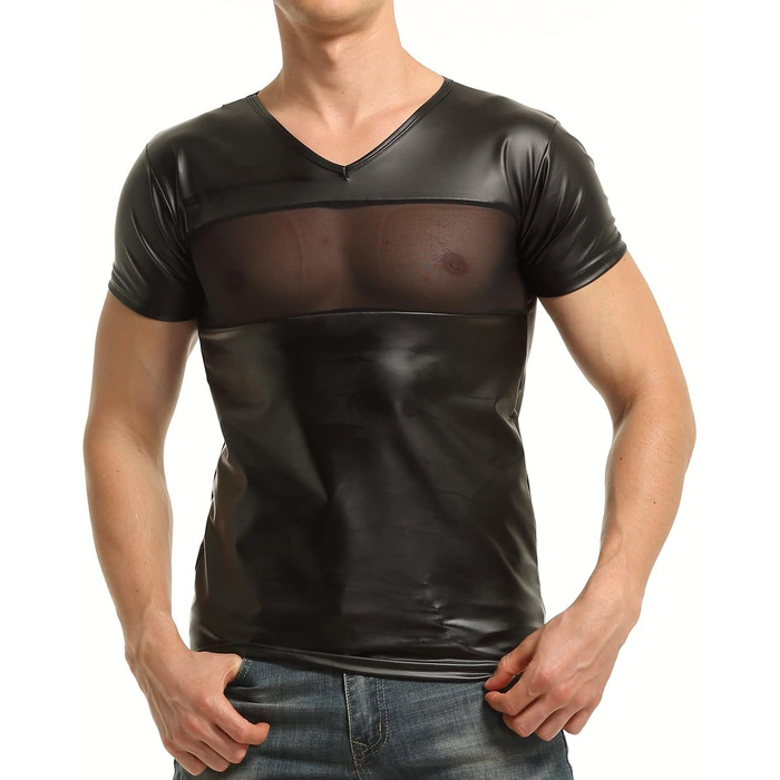 Чоловіча сорочка з ефектом латексу та вставками з сітки XL