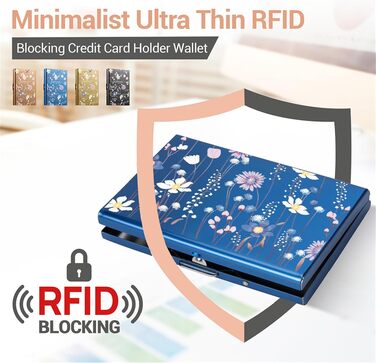 Стильний металевий картхолдер з RFID-захистом від скімінгу, ультратонкий гаманець для карт на 6 слотів, синій з квітковим принтом, унісекс