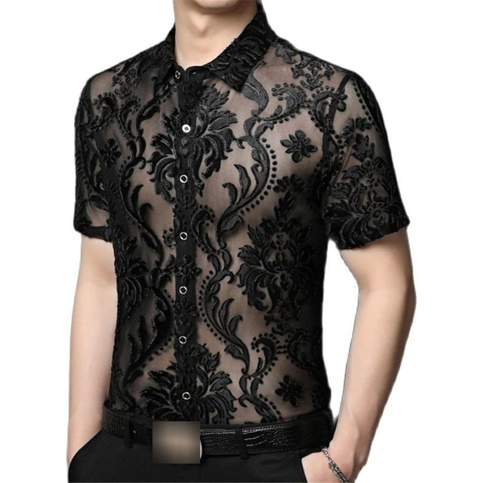 Чоловіча сорочка Yeuyyben з прозорою вставкою, літня, з короткими рукавами, чорна, XL