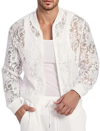 Чоловіча мереживна куртка AIEOE з довгим рукавом, сітка, топ, мереживний блейзер для вечірок, клубів, прозорий топ, мереживний топ для клубу, Fasching, білий