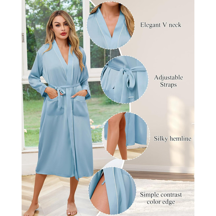 Сatinний халат для жінок, довгий, легкий, з V-подібним вирізом, для вечірки, весілля, сну, кольору небесно-блакитний, розмір L