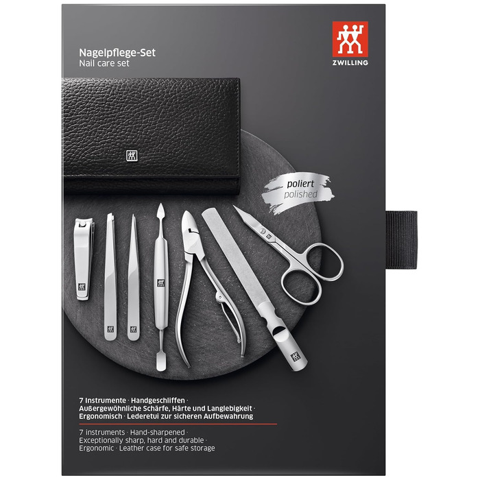 Набір для манікюру та педикюру ZWILLING Premium Edition (7 предметів), полірована нержавіюча сталь, шкіряний дорожній футляр, чорний
