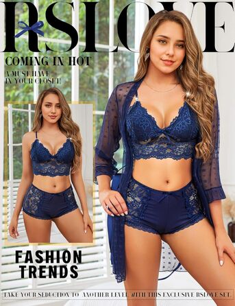 RSLOVE Комплект сексуальної білизни для жінок - мереживний халат, бюстгальтер та труси, S, темно-синій