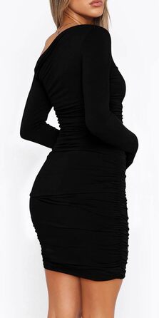 Жіноче облягаюче плаття Elfin з трикотажної тканини, довгі рукави, міні, на одне плече, з драпіруванням, чорне. Ідеально для вечірок, клубів та повсякденного носіння.