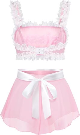 Комплект жіночої/чоловічої нижньої білизни LittleForBig з прозорого мережива: бра, труси, спідниця знімною зав'язкою (M, Рожевий)