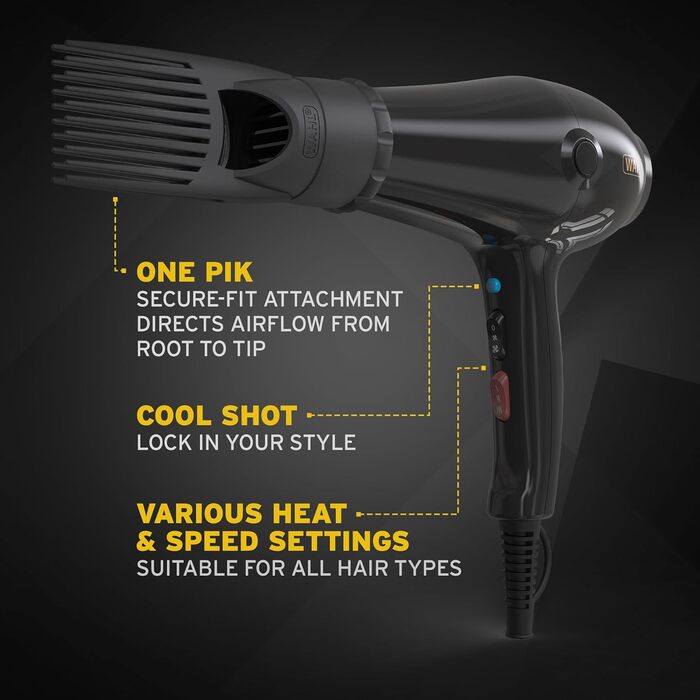 Фен для волосся WAHL PowerPik 5000 для афро-кучерявого волосся з насадкою-піком, 3 температурні режими, ефект анти-фриз