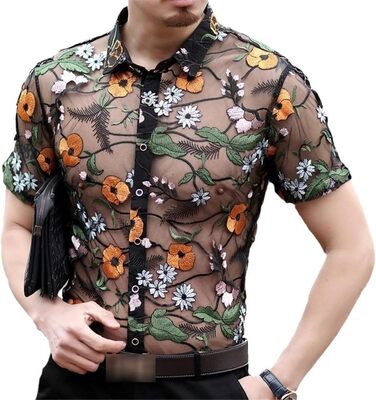 Прозора сорочка для чоловіків Yeuyyben: мереживна сорочка з вишивкою, ідеальна для клубів та вечірок. Жовтий колір, розмір EU S-M (65-72KG)