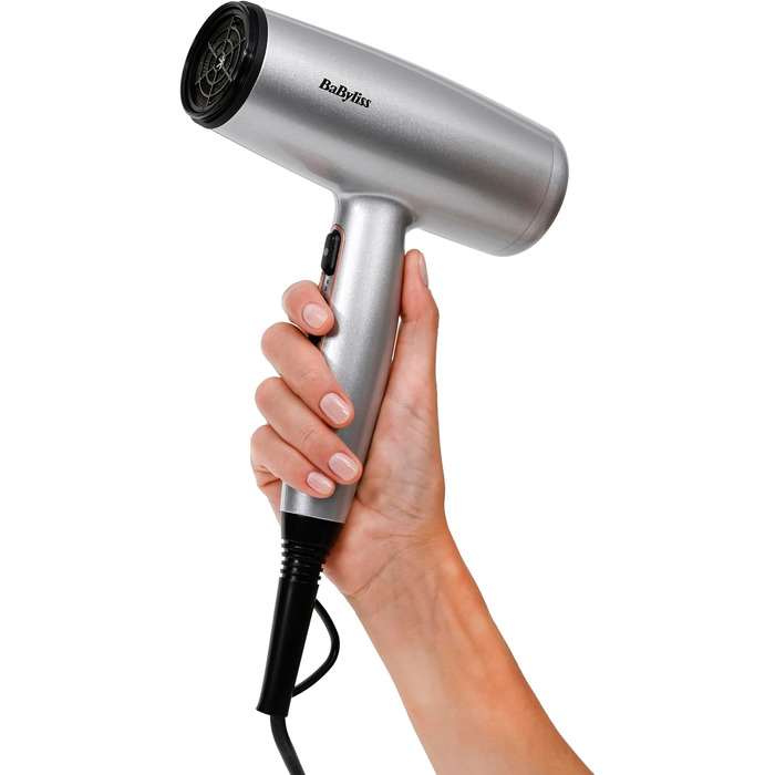 Фен для волосся BaByliss Cosmos D580DE з дифузором, 2100 Вт, іонізація, 3 температурних та 2 режими обдуву, сріблястий (Satined Cosmic Grey)