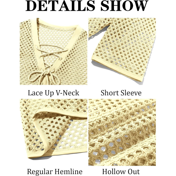 Чоловіча пляжна сорочка Runcati з шнурівкою, V-подібний виріз, в'язана, мереживна, прозора, літня (Бежевий, M)