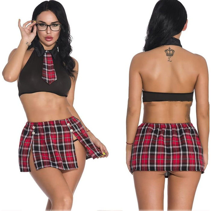 Костюм для косплею: шкільний набір для жінок, чорний. Роль-плей, міні-спідниця в клітинку, топ без рукавів, краватка. Ідеально для Хелловіну.