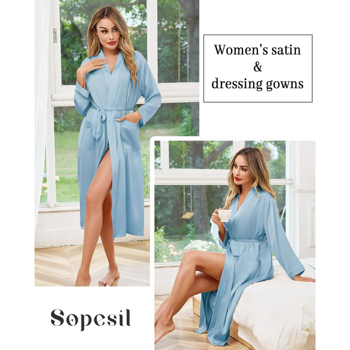 Сatinний халат для жінок, довгий, легкий, з V-подібним вирізом, для вечірки, весілля, сну, кольору небесно-блакитний, розмір L