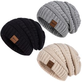 Набір зимових шапок Beanie для жінок та чоловіків, тепла в'язана шапка оверсайз від холоду, 3 штуки (чорний, темно-сірий)
