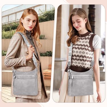 Жіноча сумка-кросбоді LUROON середнього розміру, легка шкіряна сумка через плече з багатофункціональними відділеннями та регульованим широким ременем (Сіра)
