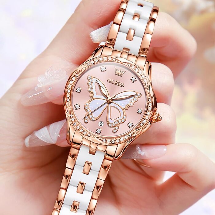 Жіночий годинник OLEVS Elegant Luxury — розкішний кварцовий годинник з діамантами, колір рожеве золото, керамічне скло