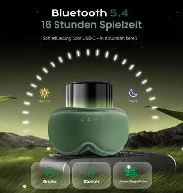 Bluetooth-навушники-маска для сну MUSICOZY 5.4, бамбукова бавовна, повна блокировка світла (Blackout), 16 годин роботи, для бічних сновидів та подорожей, зелена