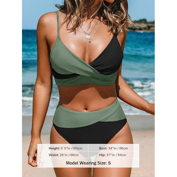 CUPSHE Бійкіні для жінок: Розрізний топ, висока талія, купальник, двочастинний, чорний/зелений
