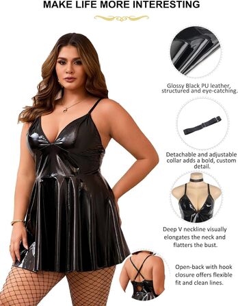 Шкіряне плаття-бабідол для жінок, Sexy Look, великі розміри, PU шкіра/Wetlook лак, міні-плаття, V-подібний виріз, A-силует, клубний стиль, чорний колір
