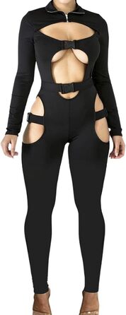 Комбінезон жіночий Sedmoda чорний з довгим рукавом, облягаючий з пряжкою
