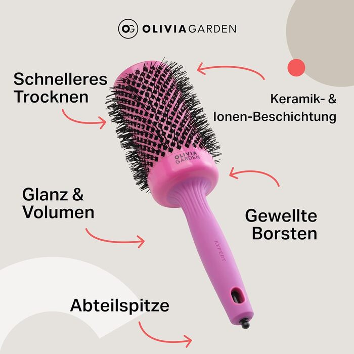 Керамічна кругла щітка для волосся Olivia Garden Expert Blowout Shine, антистатична, для блиску та гладкості, рожева, 55 мм (L)