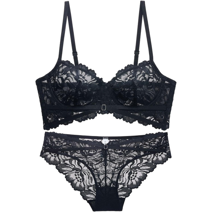 Жіноча сексуальна білизна: комплект бюстгальтера та трусиків з мереживом, з підняттям, на тонких бретелях, чорний, 80